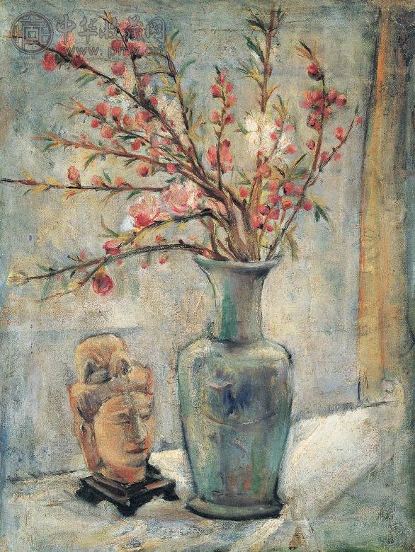 唐蕴玉 有佛像的花瓶 布上油彩