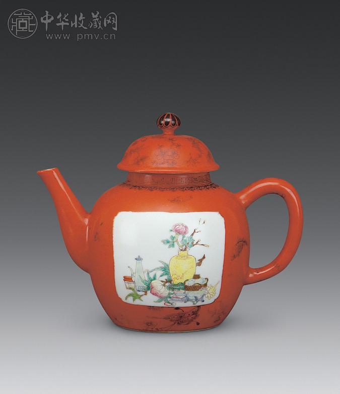 清宣统 矾红开光粉彩花卉茶壶