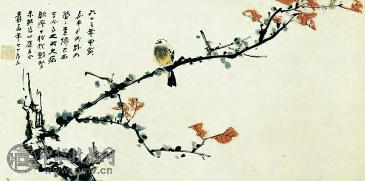 张大千 红叶小鸟 镜心