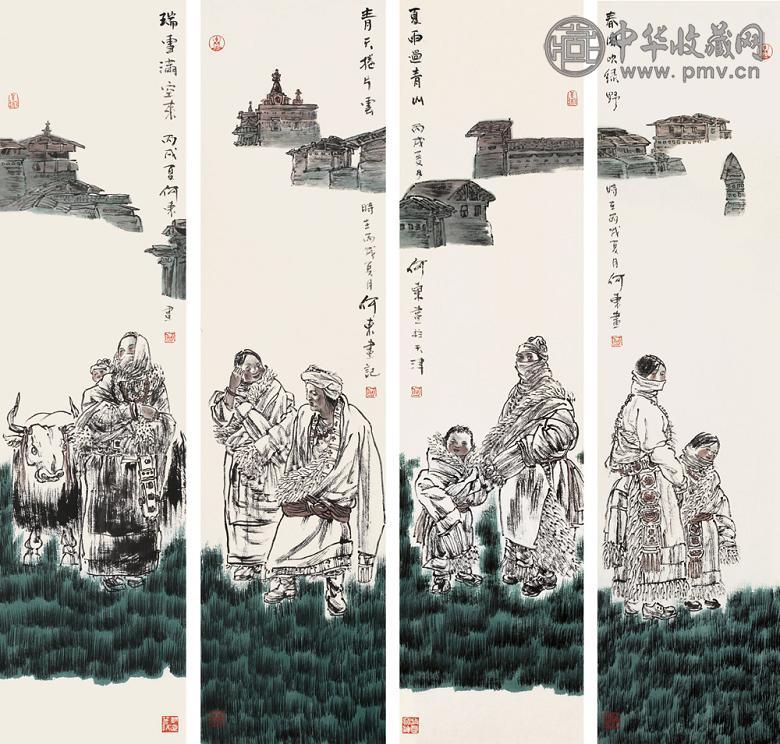 何东 2006年作 人物 四屏 设色纸本