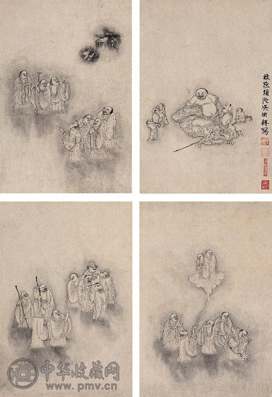吴彬 白描罗汉册 册页(12开) 水墨纸本