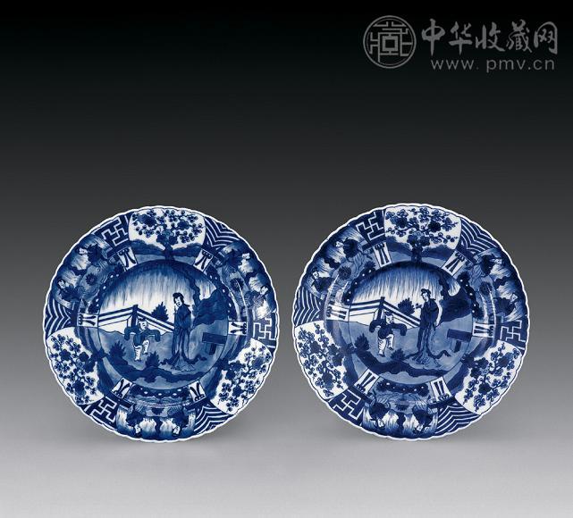 清康熙 青花仕女图花口盘(1对)
