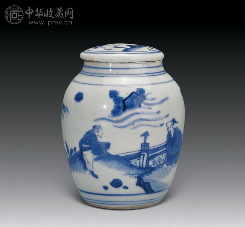 明崇祯 青花人物小盖罐 明崇祯 青花人物小盖罐