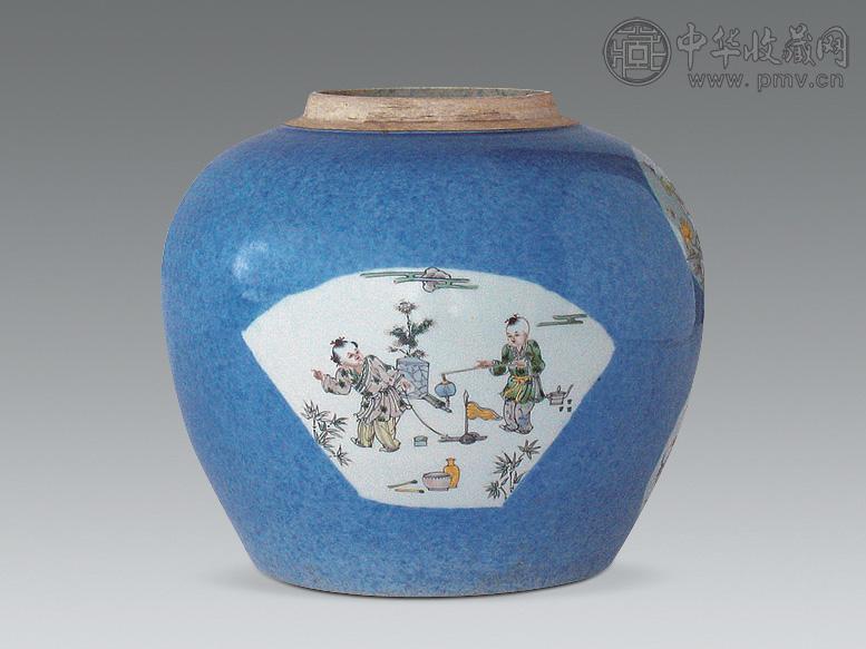 清 洒兰开光粉彩童子花鸟罐