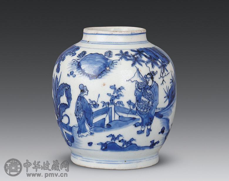 明万历 青花人物罐