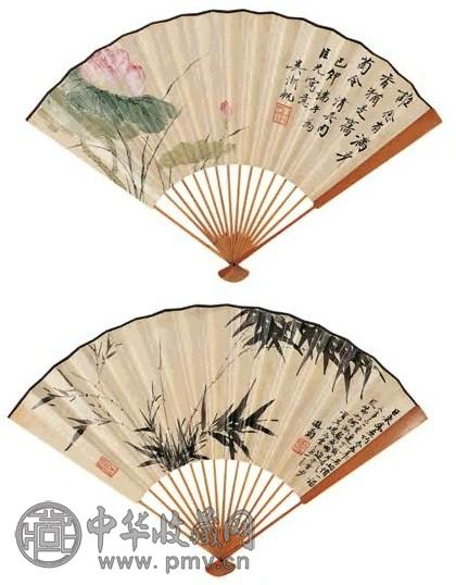 吴湖帆 己卯(1939年)作 荷花图、墨竹图 扇面 设色纸本