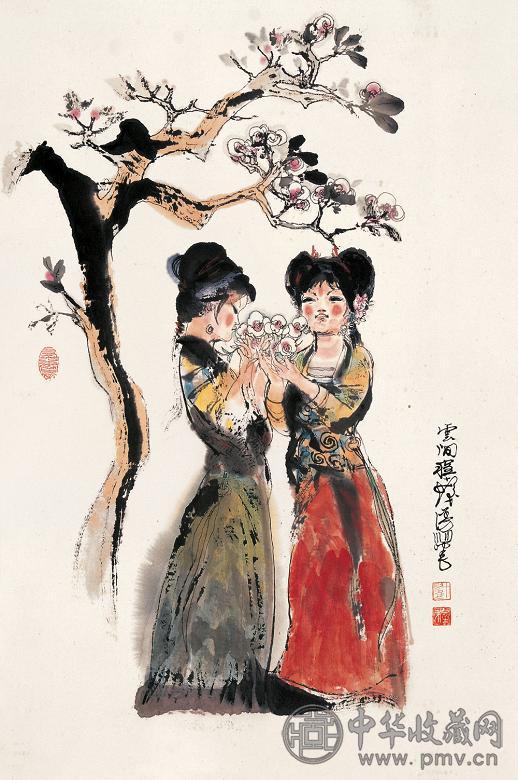 程十发 桃花仕女 镜心 纸本