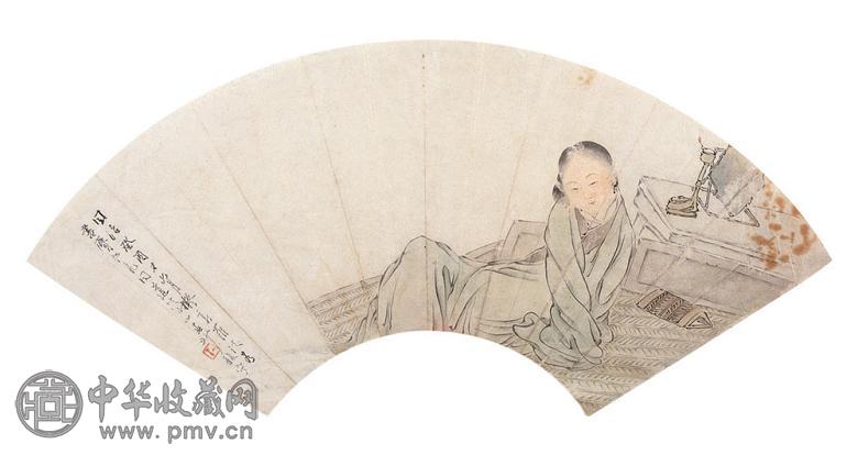 沙三春 闺秀图 扇面 设色纸本