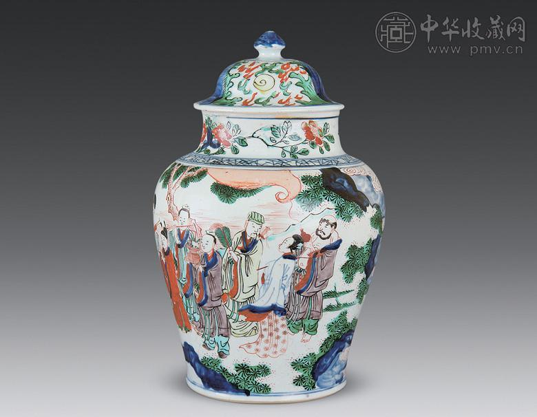 清康熙 青花五彩八仙人物将军罐