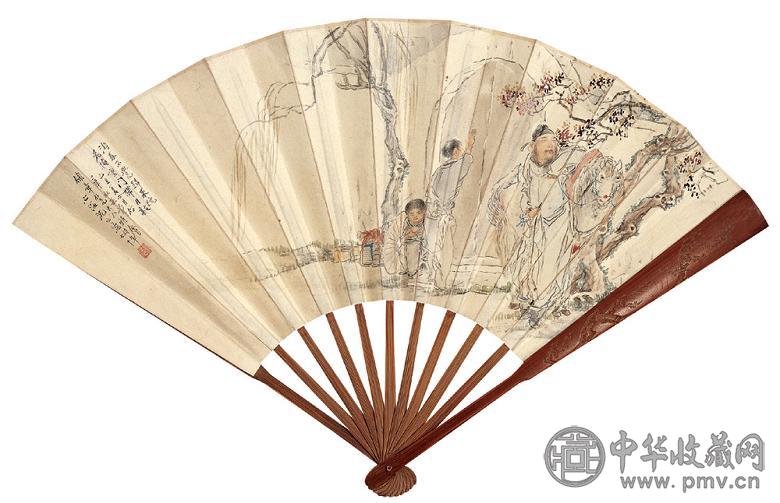 沈心海 1925年作 游春晚归图 成扇 设色纸本