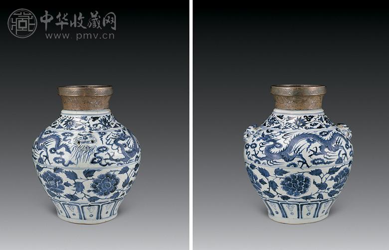 元 青花云龙缠枝牡丹纹兽耳罐