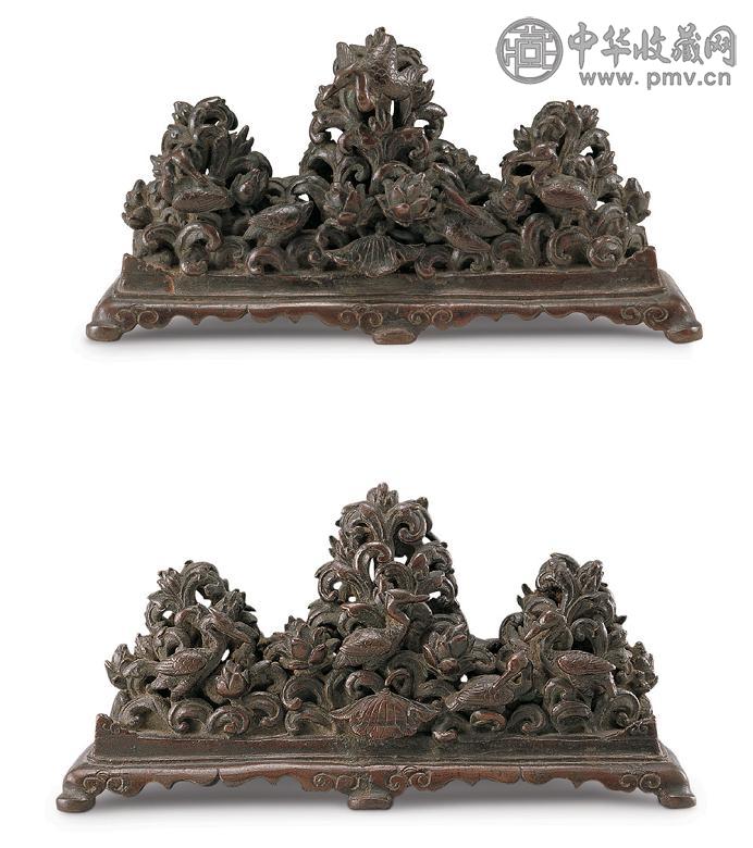 明 铜透雕鹭莲山形笔架