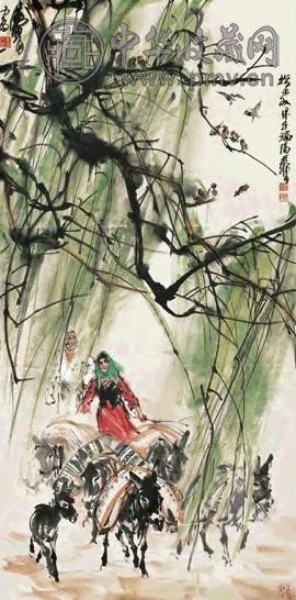 黄胄 1984年作 杨柳青青赶集忙 立轴 设色纸本