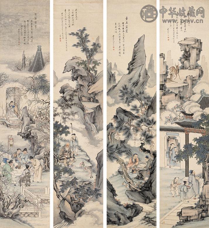 蔡廷鉽 人物 四屏 设色纸本