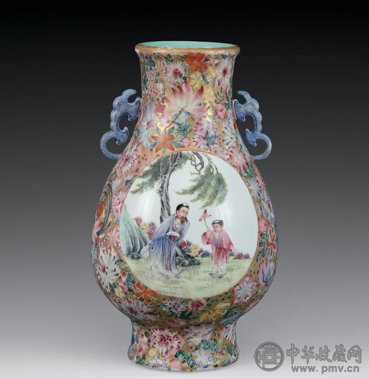 民国 粉彩万花开光人物纹双耳尊