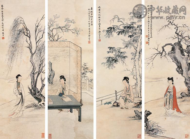 郑慕康 1939年作 四美图 四屏 设色纸本
