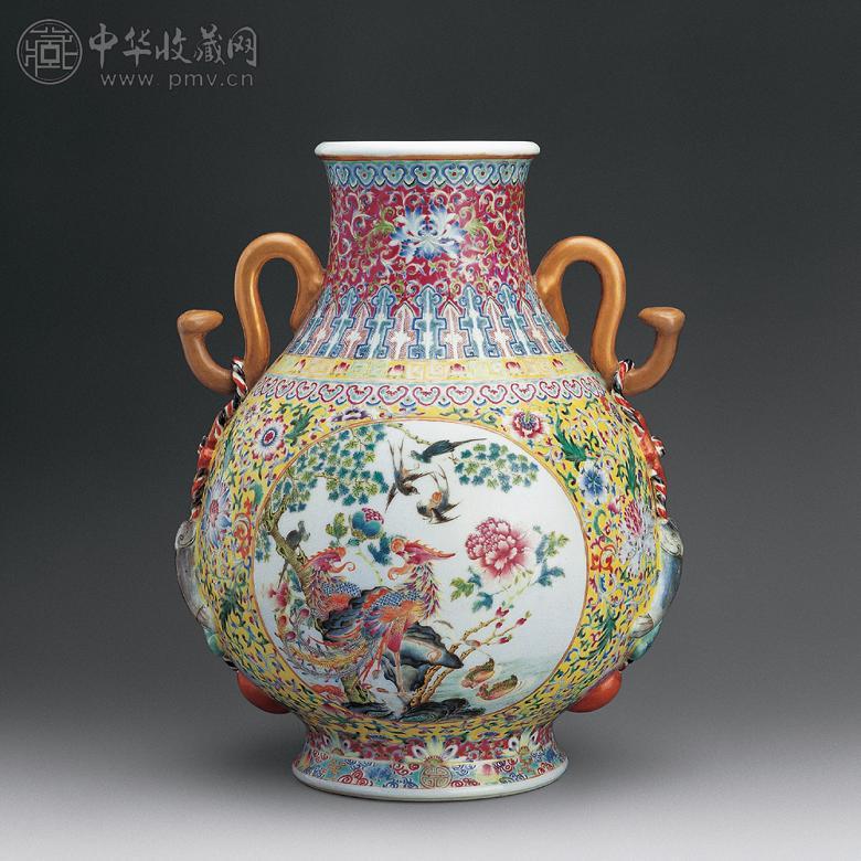 民国 粉彩开光花鸟双耳尊