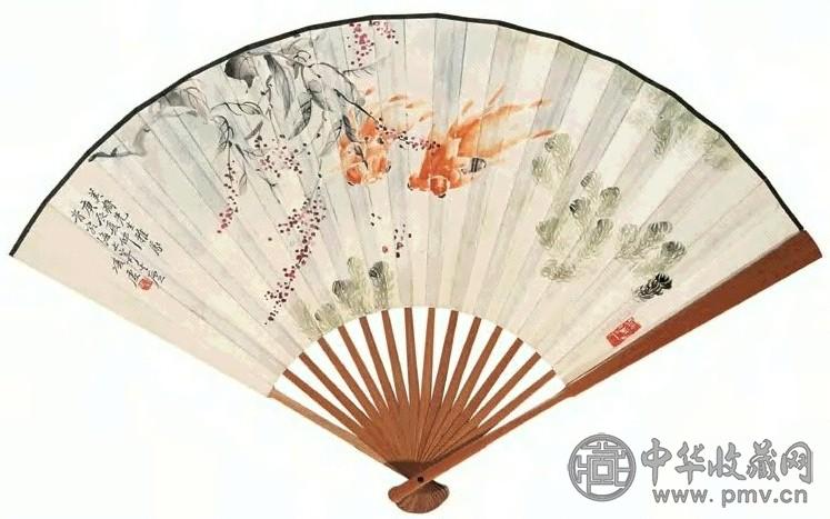 凌虚 袁松年 游鱼图 行书坡词 成扇 设色纸本