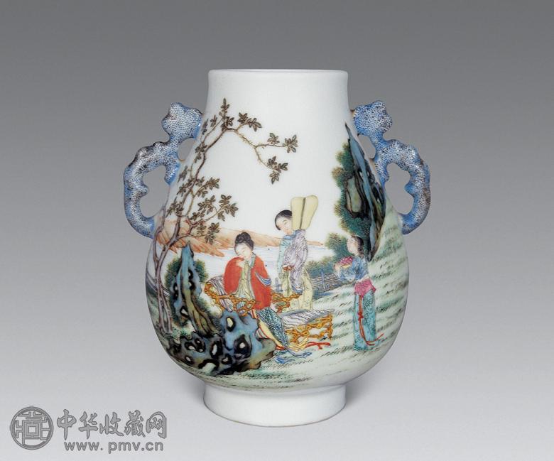 民国 粉彩仕女小双耳尊 民国 粉彩仕女小双耳尊