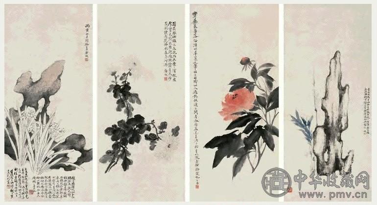 郑午昌 1926年作 君子清风 四屏 设色纸本