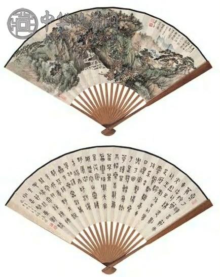 郑午昌 1944年作 潭深万木图 篆书 扇面 十六档 设色纸本