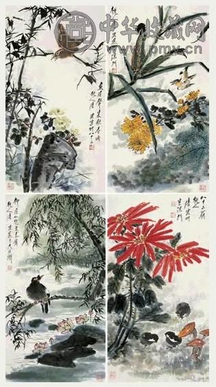 唐云 花卉四帧 镜心 设色纸本