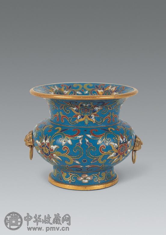 清乾隆 铜胎掐丝珐琅缠枝莲纹双兽耳渣斗