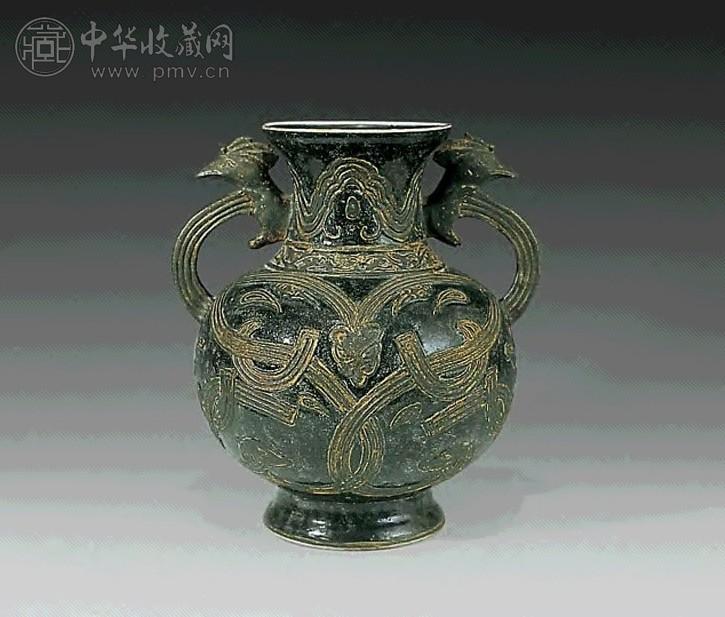 清 仿古铜釉加金彩双凤耳尊