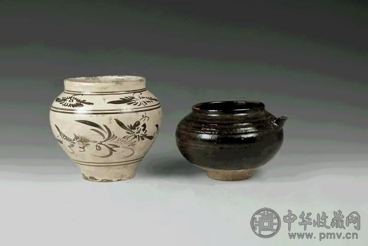 元 磁州窑花卉罐 褐釉水注 两件