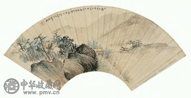 胡汀鹭 山静似太古图并行书七言诗 扇面(无骨) 设色纸本