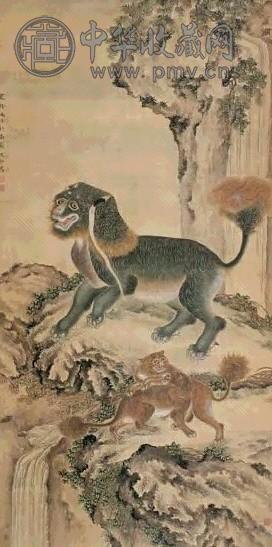 沈铨 1756年作 太狮少狮图 立轴 设色绢本