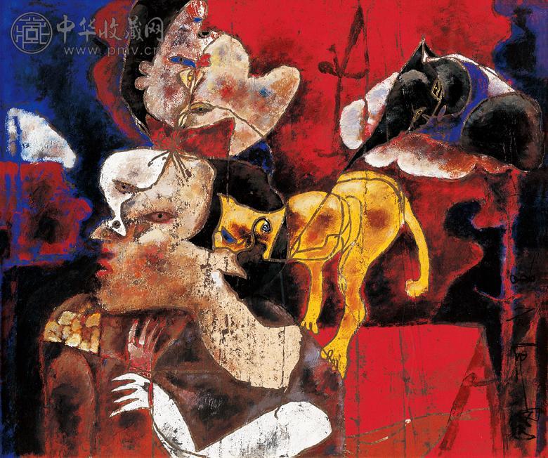 石虎 1998年作 飞雀 纸本彩墨