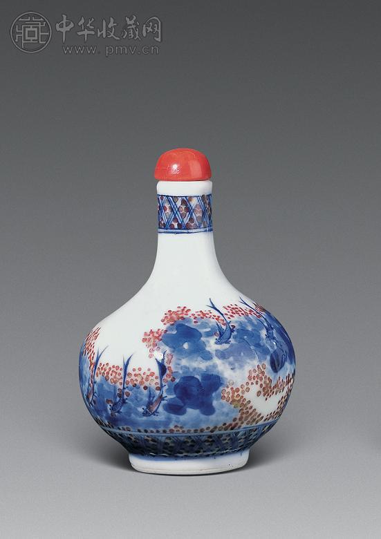 清光绪 青花釉里红鱼藻纹鼻烟壶