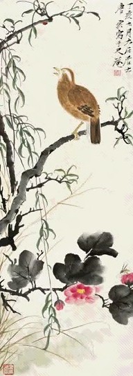 唐云 丁亥(1947年)作 花鸟 立轴 设色纸本