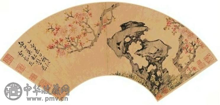 庐象泰 乙酉年作 文石桃花 扇面 设色笺本