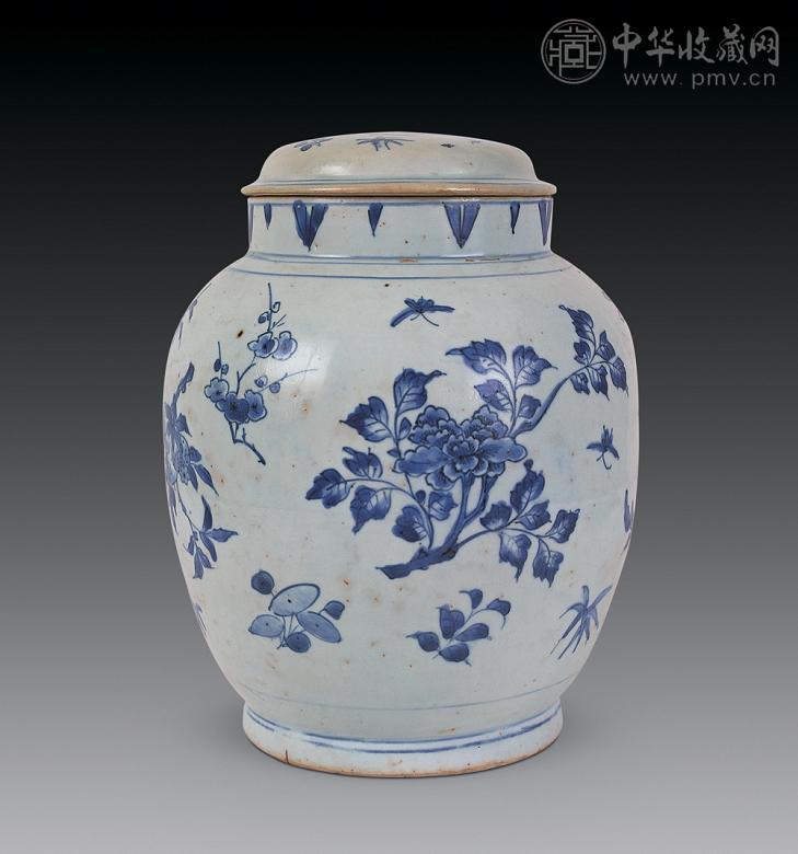 清顺治 青花花卉莲子罐