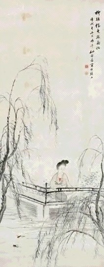 姚钟葆 凭栏望燕图 立轴 设色纸本