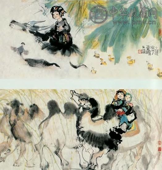 程十发 游春图 二帧 画片 纸本设色