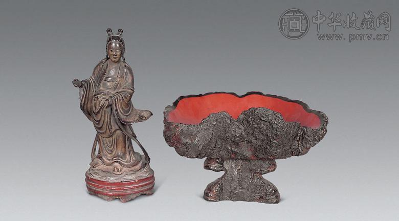 明 雕漆灵芝洗 木雕仙人(2件)