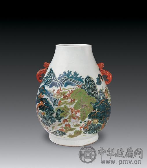 清光绪 粉彩百鹿纹螭耳尊