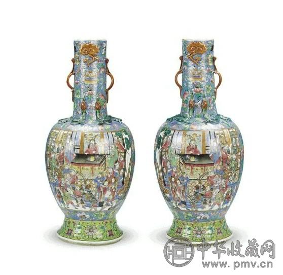 清中期 粉彩开光水浒人物大地瓶(1对)