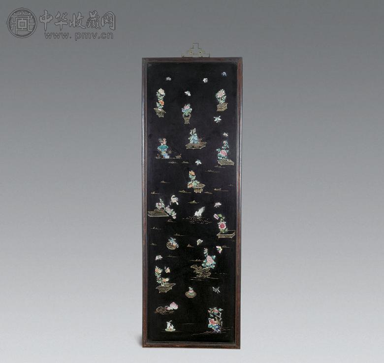 清末 黑漆画珐琅花卉本屏