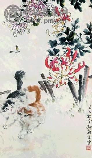 孙菊生 双猫 立轴 设色纸本