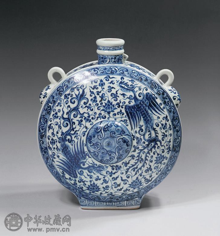 明永乐 青花海浪缠枝浑莲双凤朝阳双系大扁壶