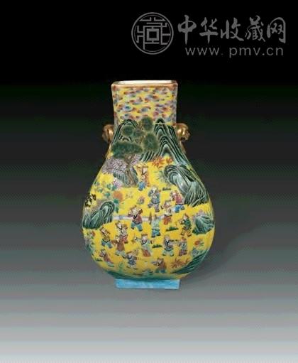 清道光 黄地粉彩百子图兽耳四方尊