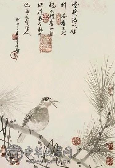 卢坤峰 松枝山雀 镜心 墨色纸本