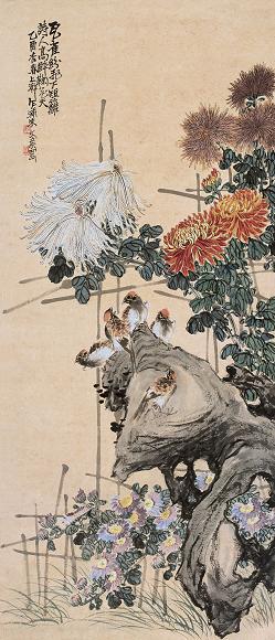 朱文侯 菊花聚雀 立轴 设色纸本