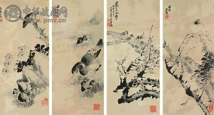 李石君 花鸟 四屏 纸本设色