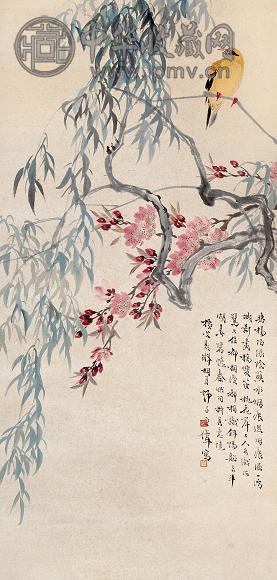 王师子 横艾敦祥即壬午(1942年)作 柳桃黄鹂图 轴 设色纸本