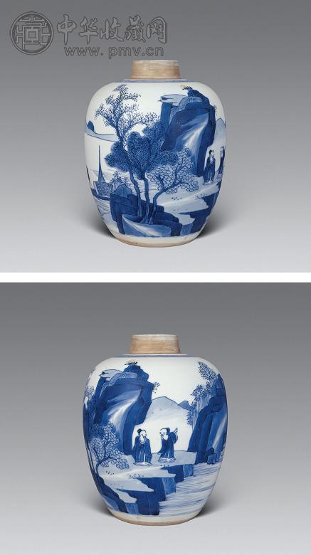 清康熙 青花山水人物图罐